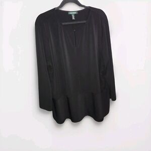 Lauren Ralph Lauren Womens Tunic Top 2X Black Blouse Key Hook Clasp Round Neck